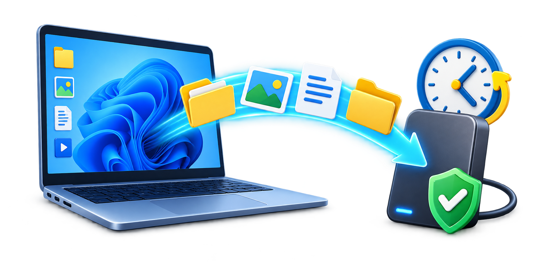 Backup O'Clock illustration showing files moving from a Windows laptop to a protected backup drive