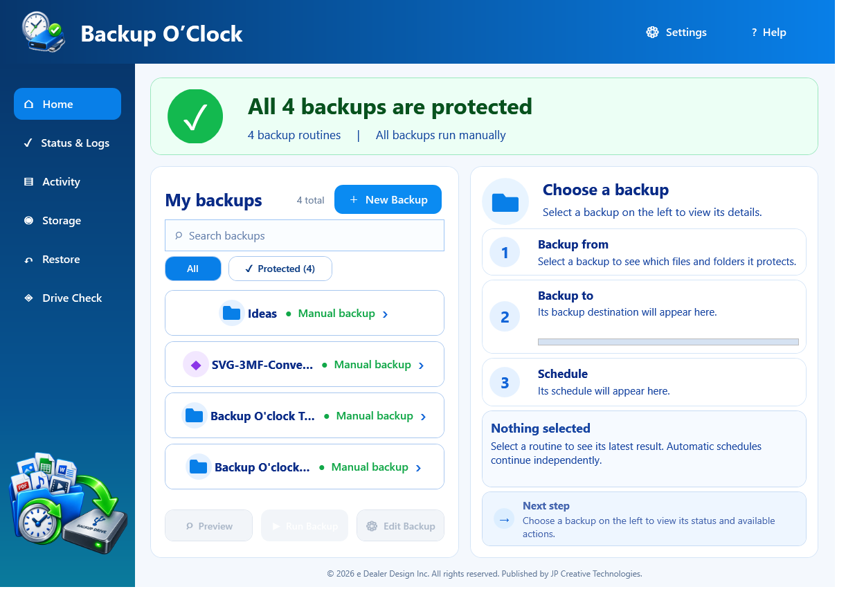 Backup O'Clock home screen showing protected backup routines and clear status