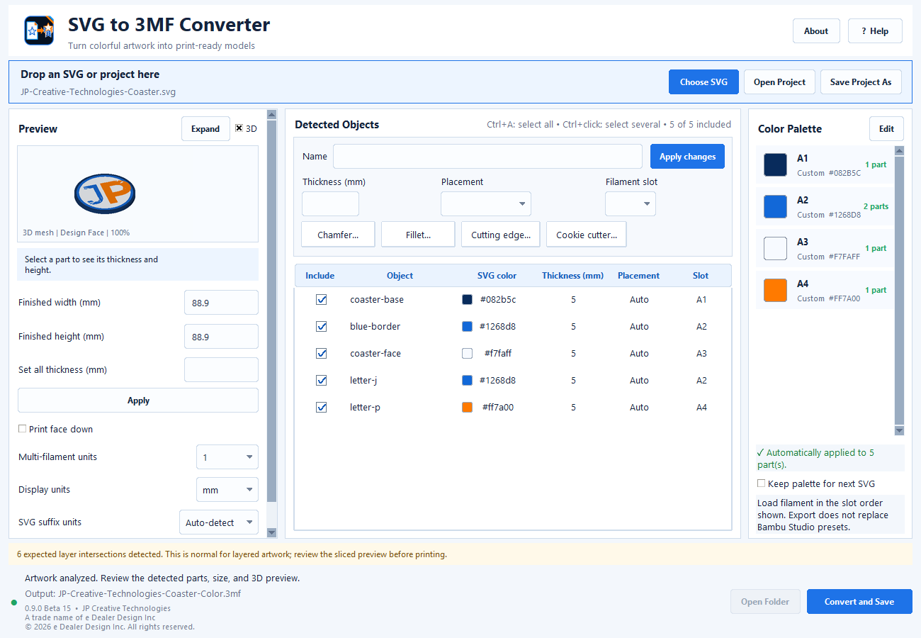Actual SVG to 3MF Converter after the JP coaster SVG has been imported and analyzed