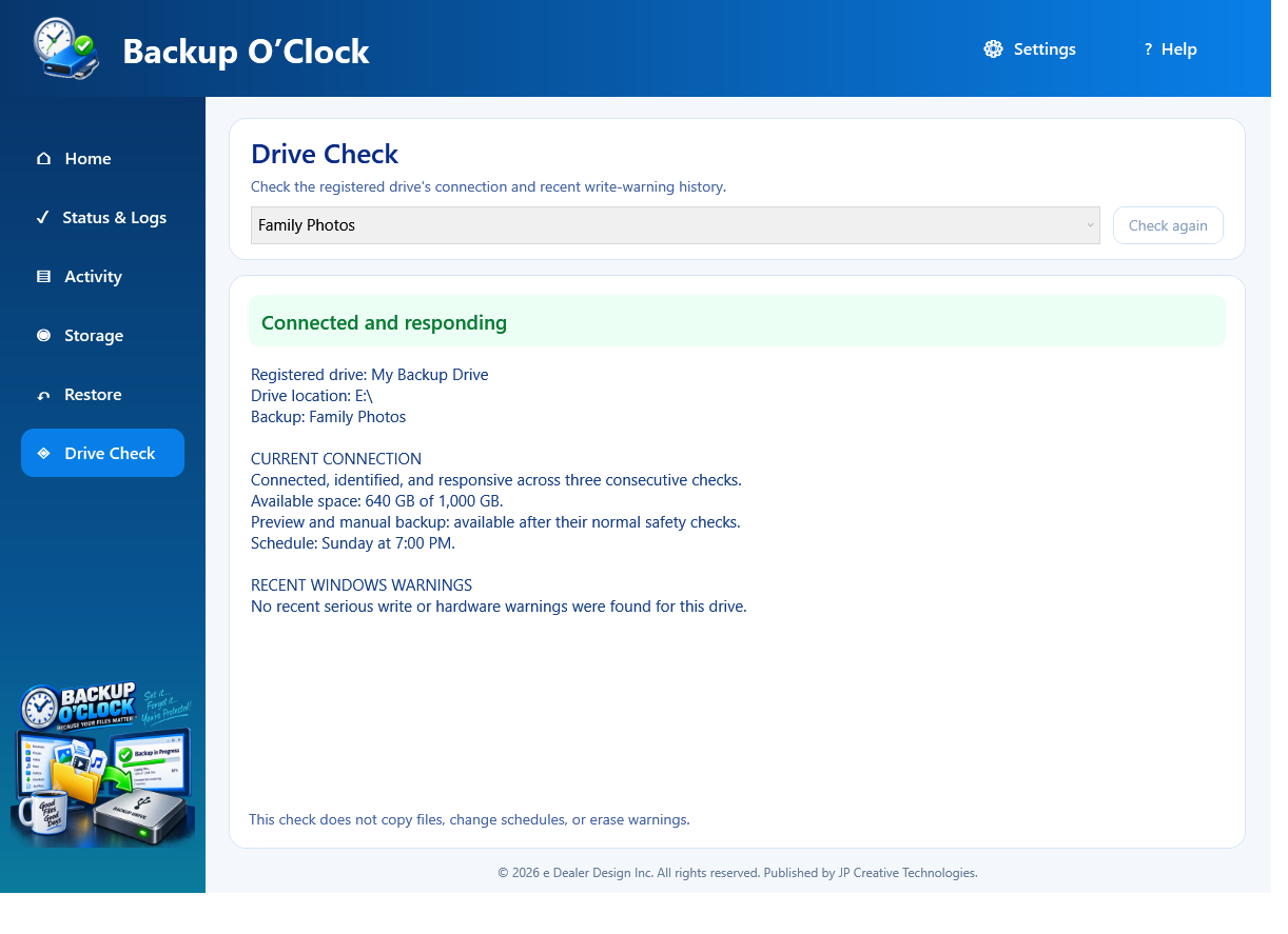 Backup O'Clock Drive Check page selected with the fictional My Backup Drive connected and responding