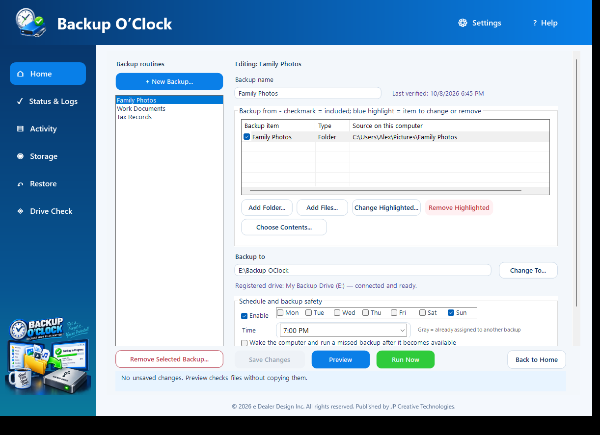 Backup O'Clock editor with fictional backup routines and the controls for adding specific folders and files