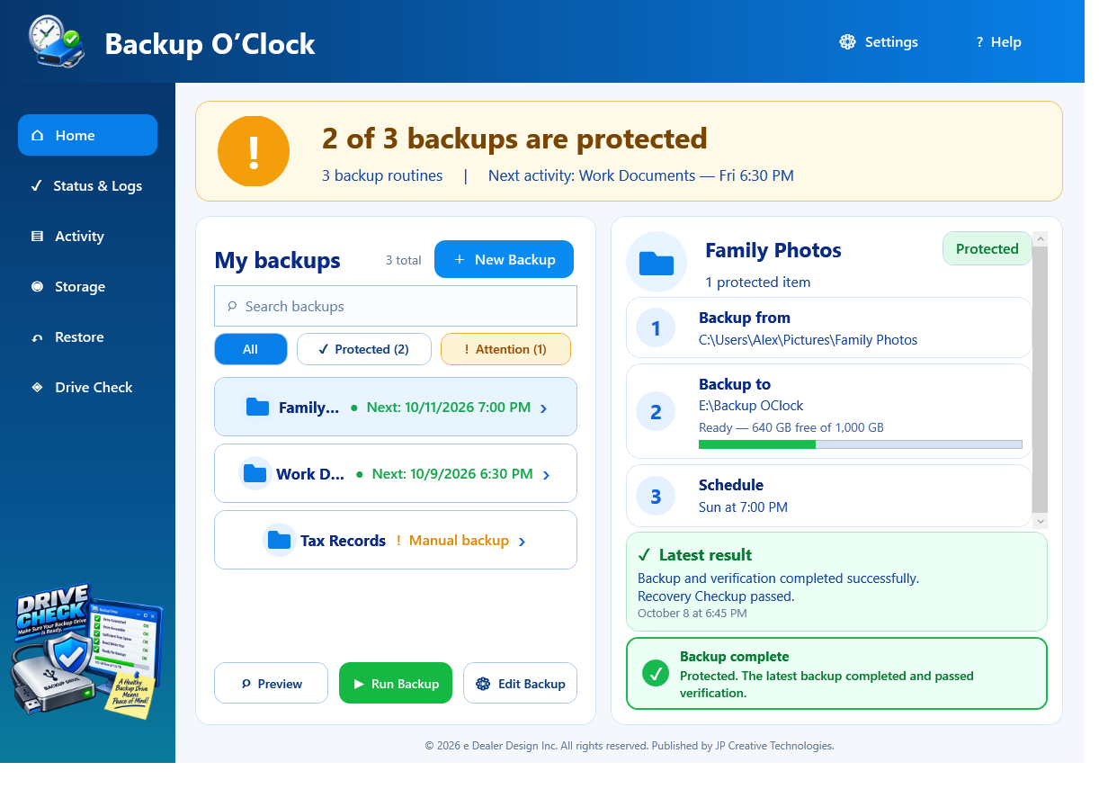 Backup O'Clock Home screen with Home selected, three fictional backup routines, and the New Backup button visible