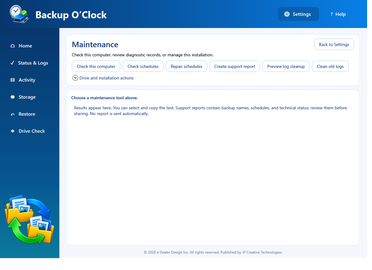 Backup O'Clock Maintenance page with computer, schedule, support report, and log actions visible