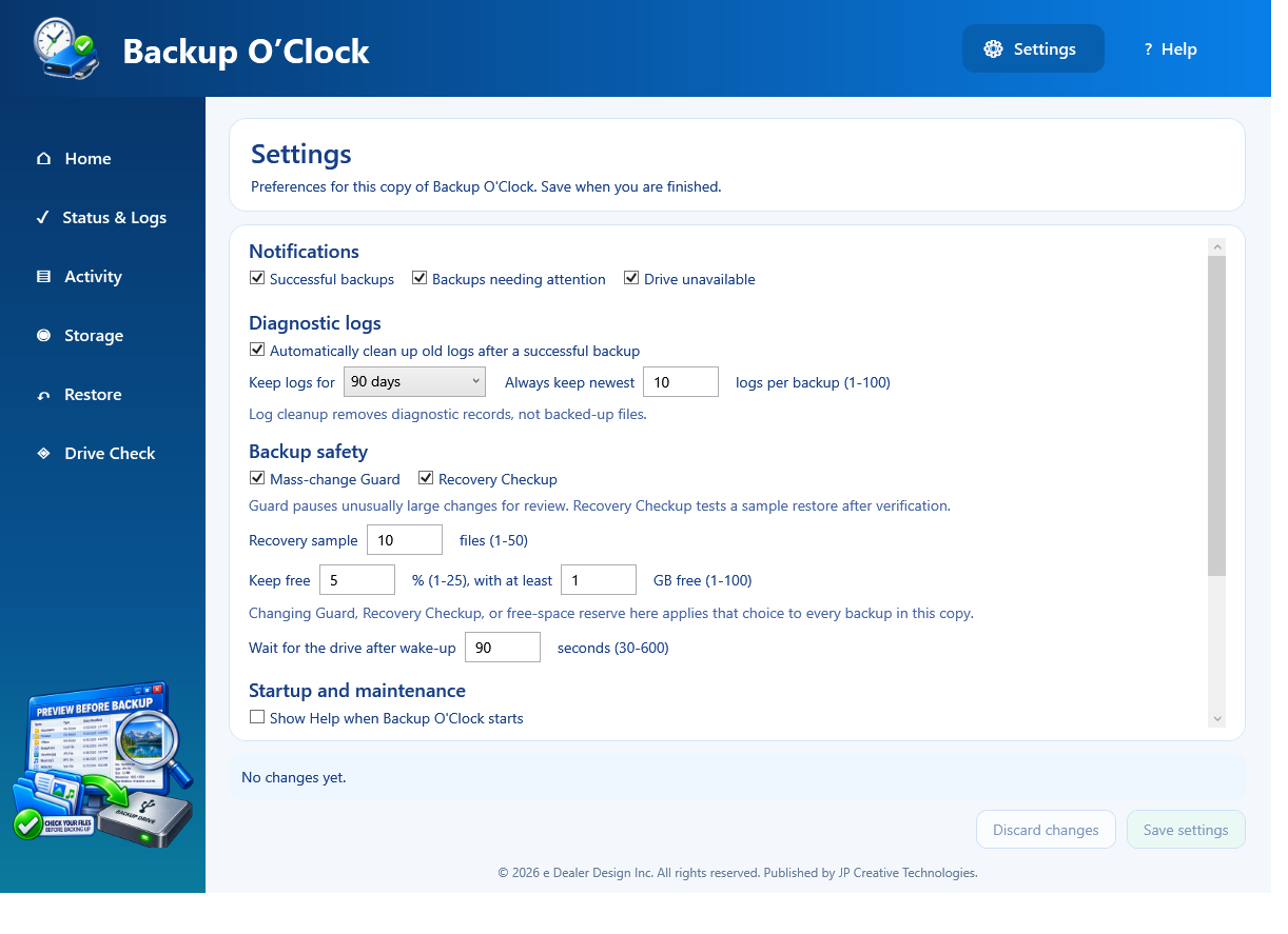 Backup O'Clock Settings page with the Mass-change Guard and Recovery Checkup safety controls visible
