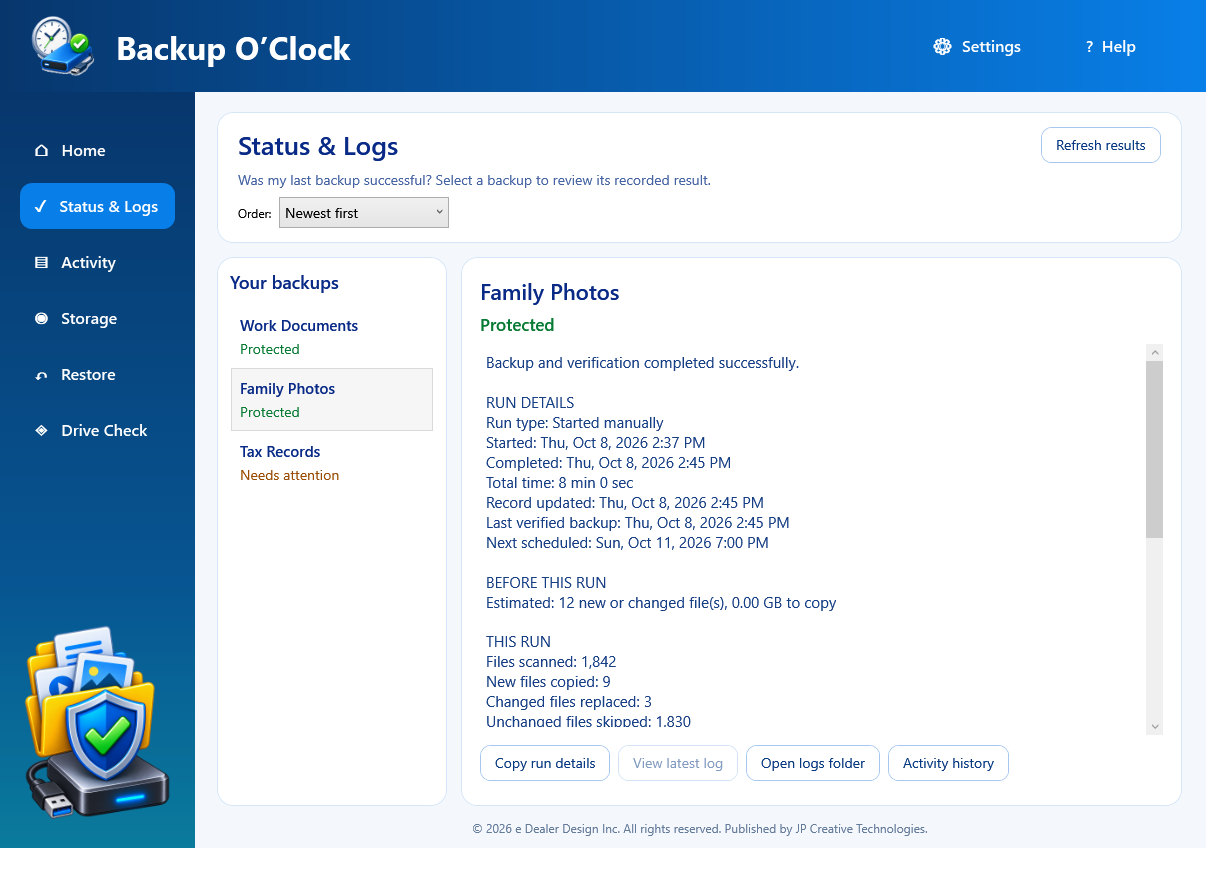 Backup O'Clock Status and Logs page selected with fictional backups and detailed file counts for Family Photos