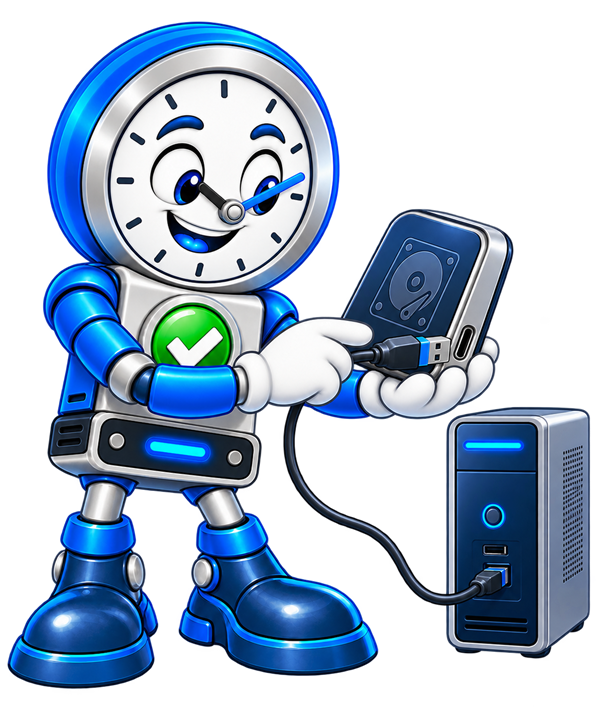 Backup O'Clock mascot connecting the intended backup drive