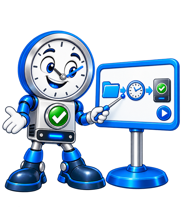 Backup O'Clock mascot reading product help and tutorials