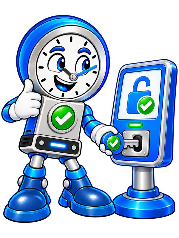 Backup O'Clock mascot holding a software license key