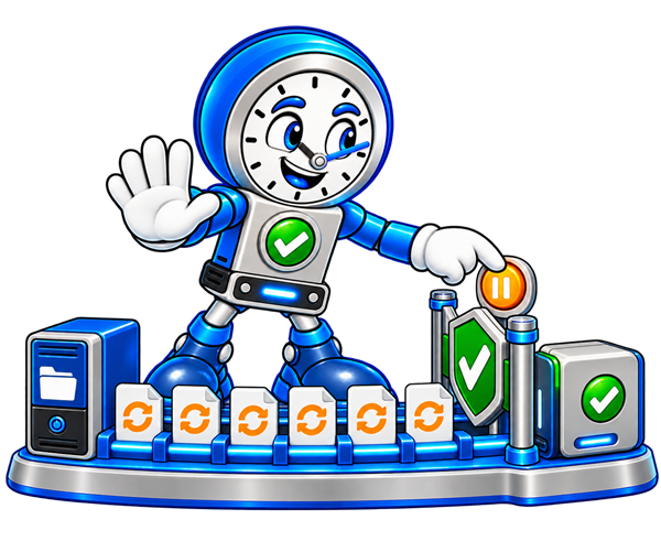Backup O'Clock mascot pausing a large group of changed files for review