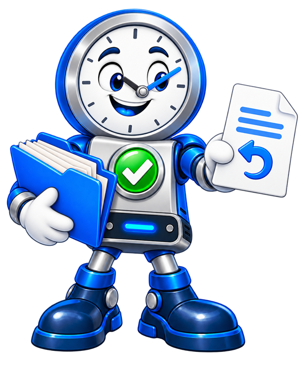 Backup O'Clock mascot holding a folder and a restored file