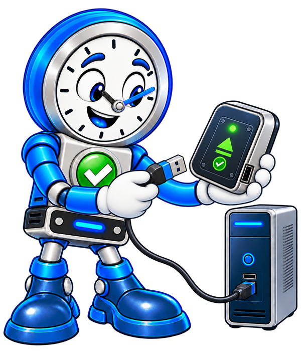 Backup O'Clock mascot safely disconnecting a backup drive